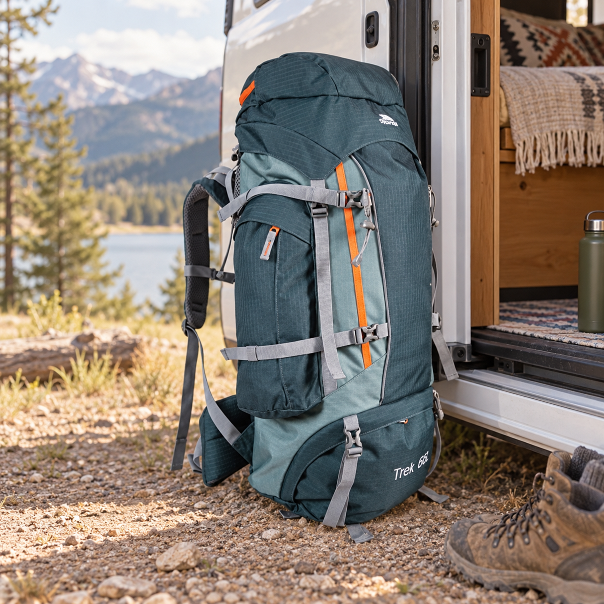 Trek 66L Hiking Backpack in a van-life setting