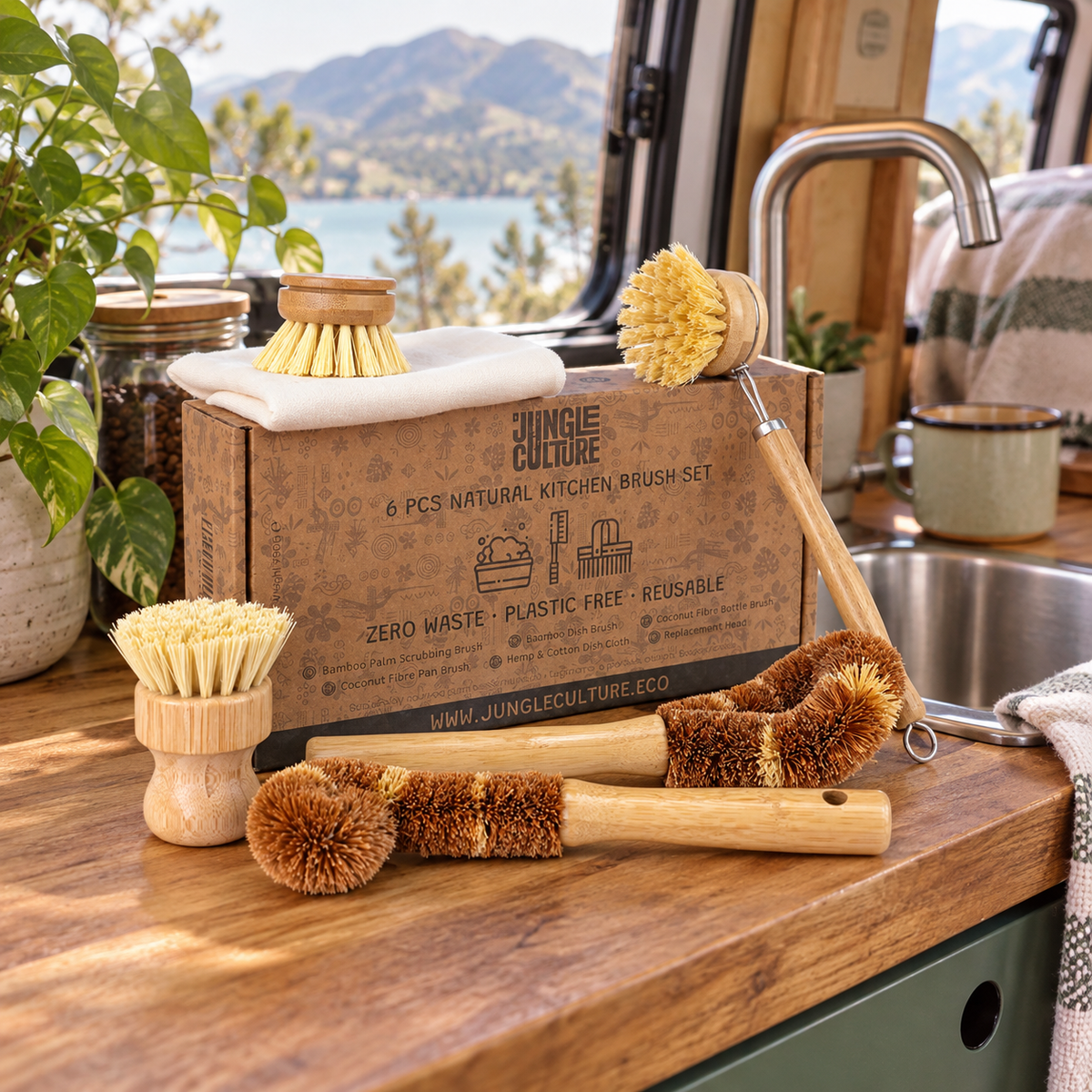 Bamboo Dish Brushes and Refills in a van-life setting