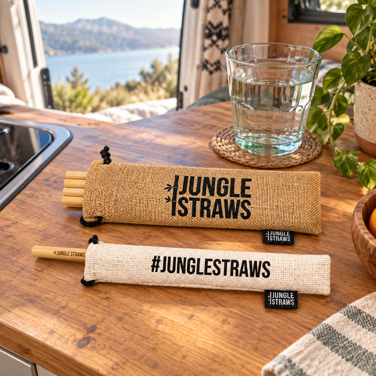 Jungle Straws Bamboo Straw Set in a van-life setting