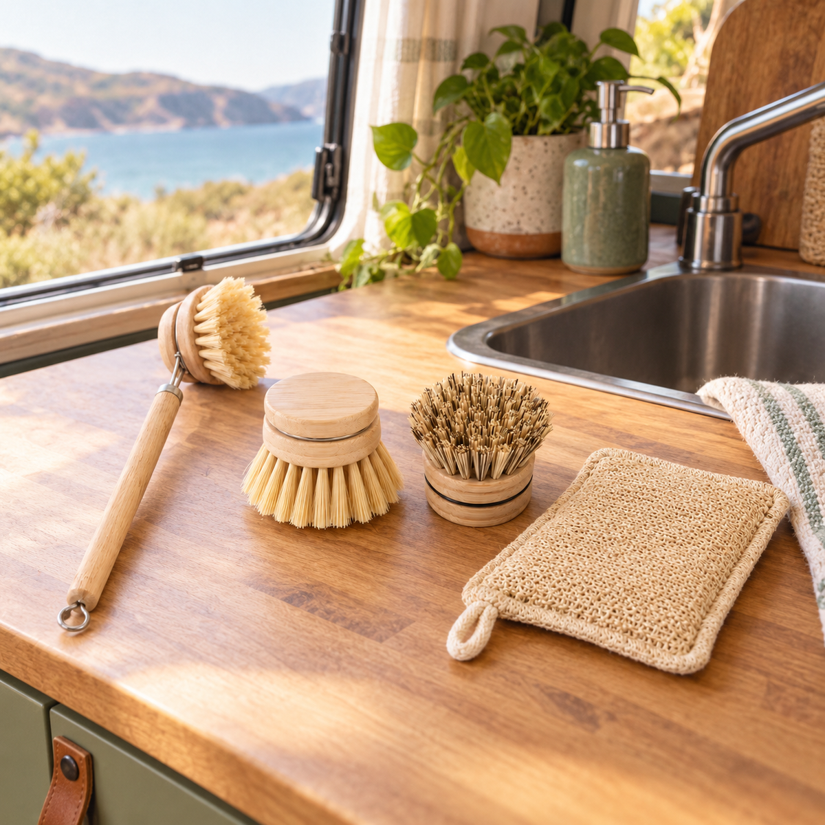 Eco Dish Brushes in a van-life setting