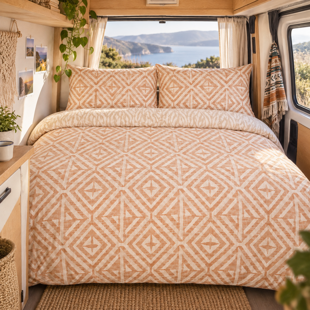 Geometric Boho Duvet Cover Set in a van-life setting
