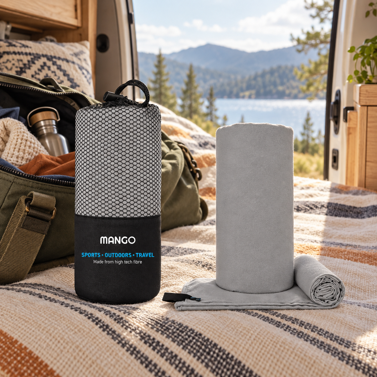 Microfibre Travel Towel in a van-life setting