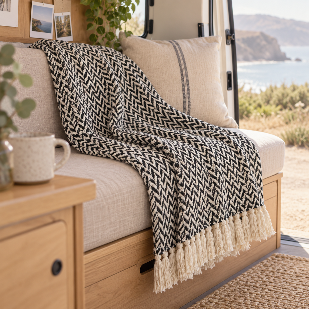 Scandi Woven Cotton Throw in a van-life setting