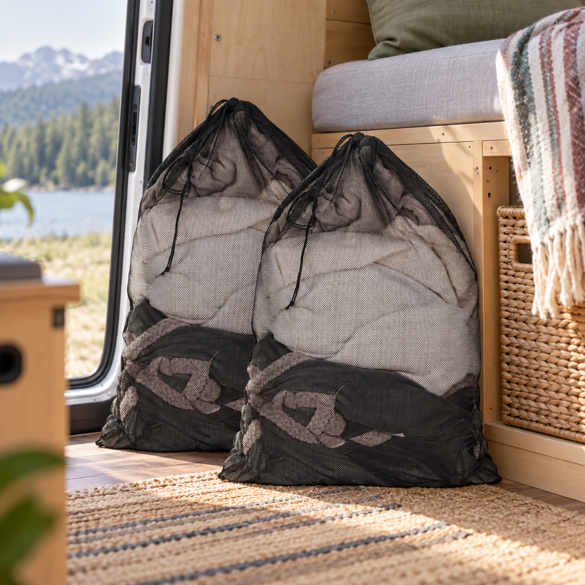 Mesh Laundry Storage Bags in a van-life setting