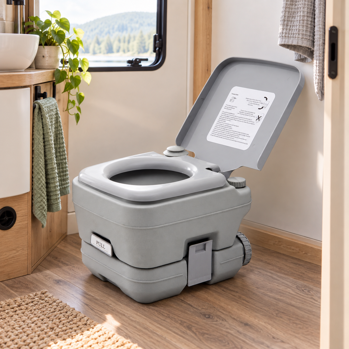 Portable Flushing Camping Toilet in a van-life setting