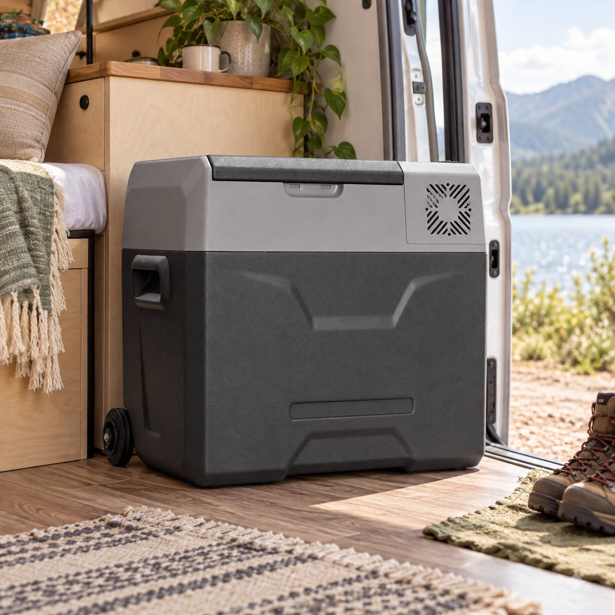 50L Fridge Freezer in a van-life setting