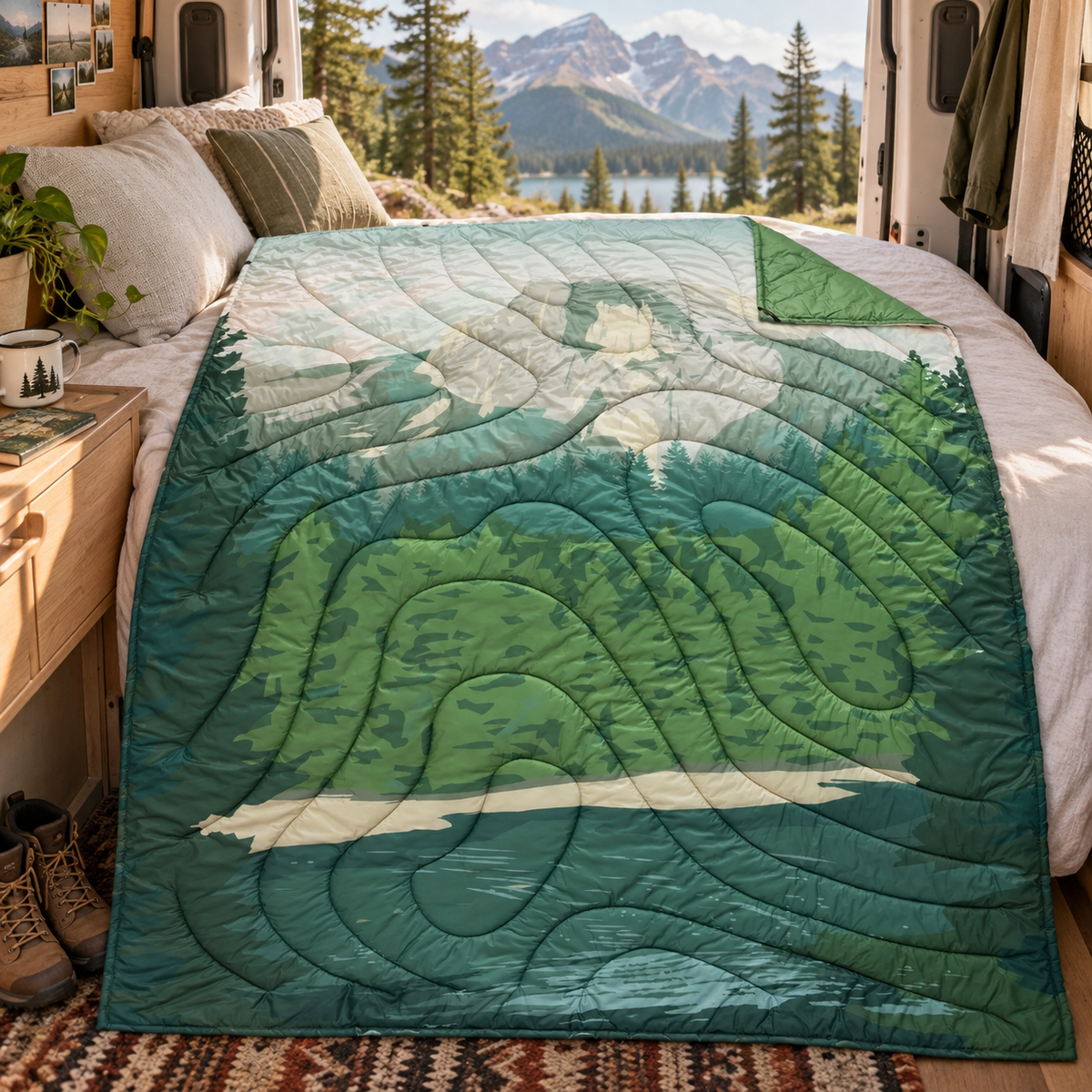 Verdant Hills Blanket in a van-life setting