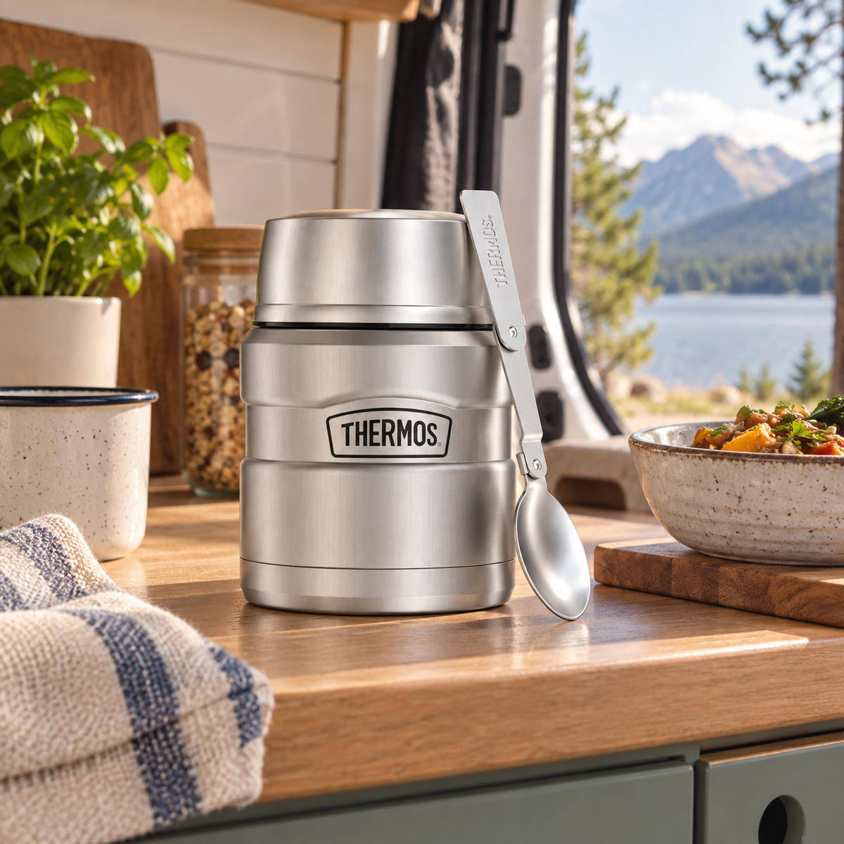 16oz Thermos Food Flask in a van-life setting