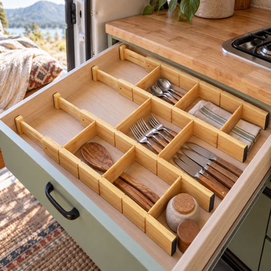 Adjustable Bamboo Drawer Dividers in a van-life setting