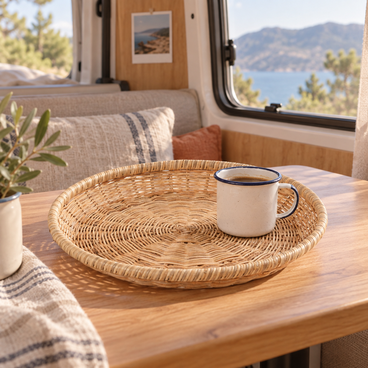 Round Natural Rattan Tray in a van-life setting