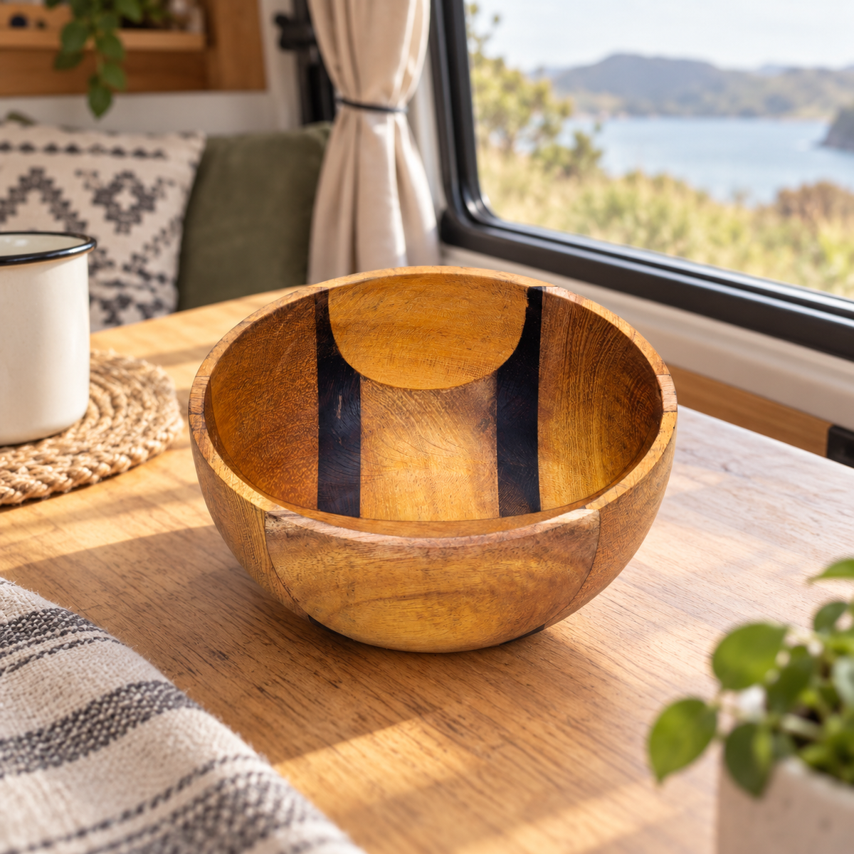 Upcycled Small Wooden Bowl in a van-life setting