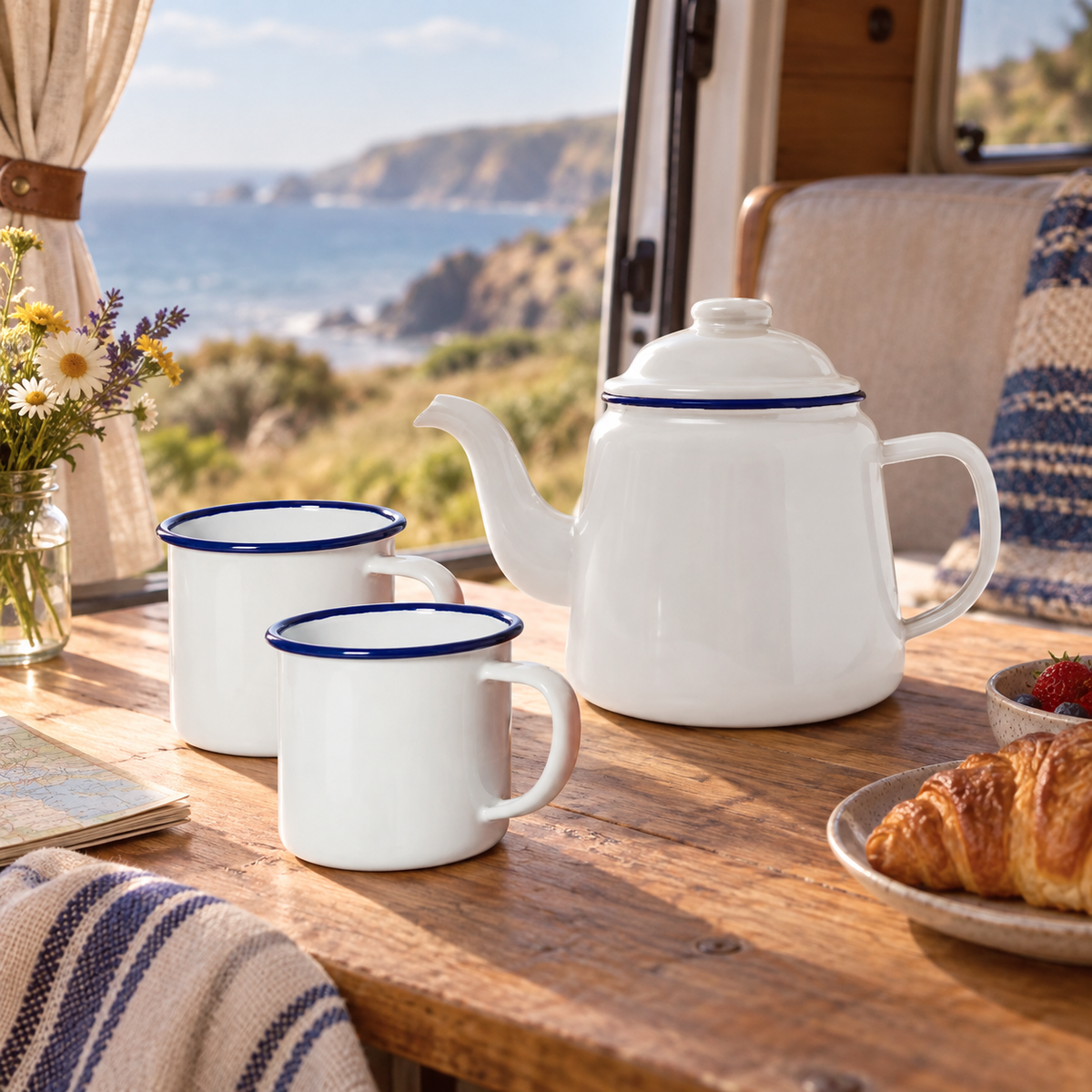 Falcon Teapot & Mug Set in a van-life setting