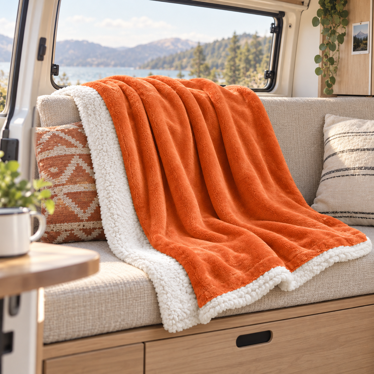 Sherpa Fleece Blanket in a van-life setting