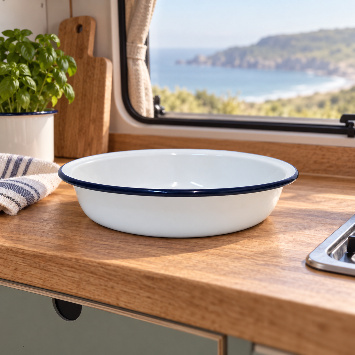 Falcon 26cm Enamel Pie Dish in a van-life setting