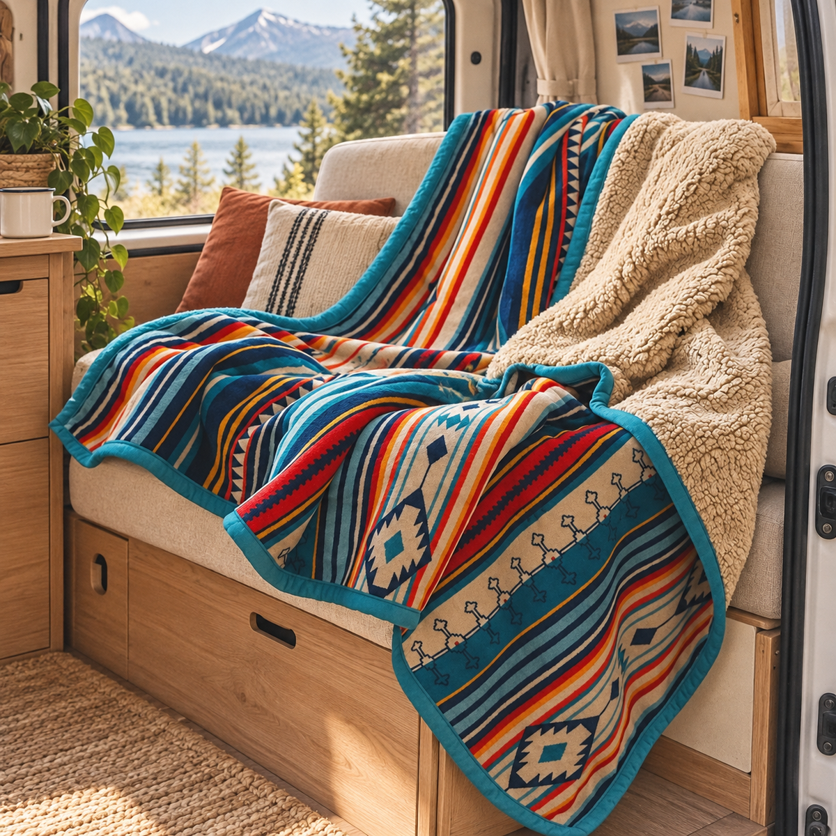 Multicolour Sherpa Fleece Throw in a van-life setting