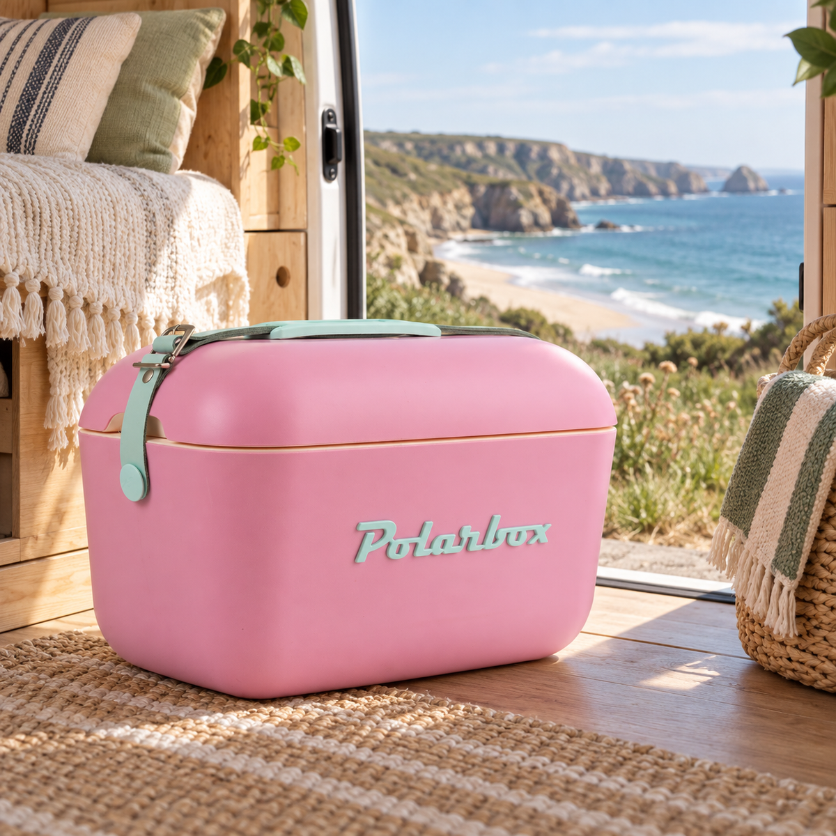 Polarbox Pink 20L Cool Box in a van-life setting