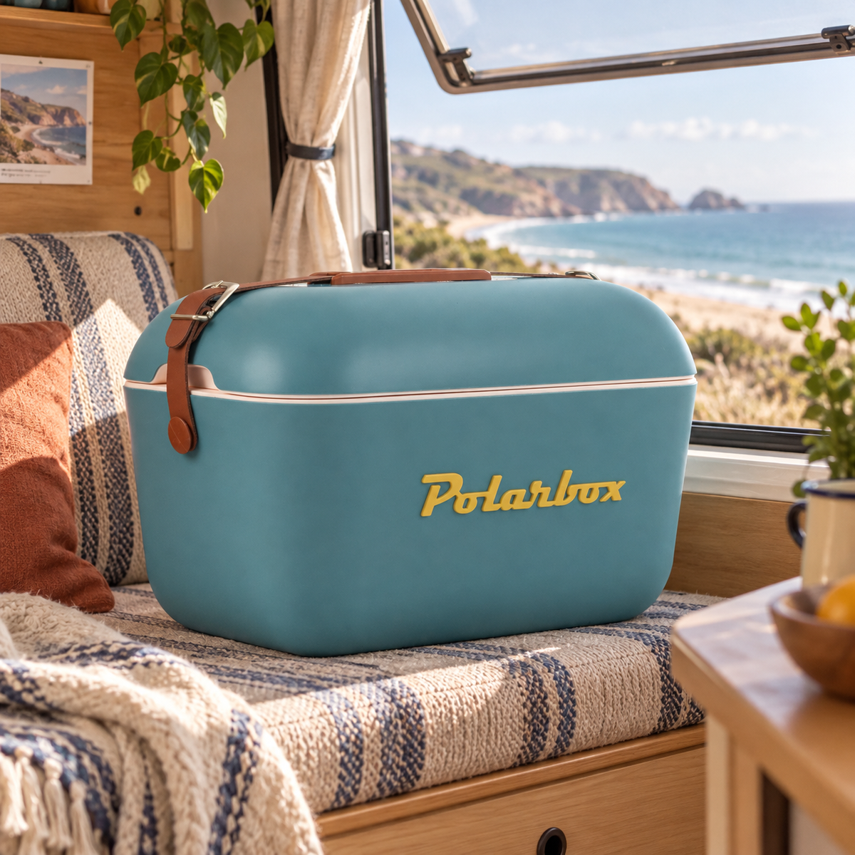 Polarbox Blue 20L Cool Box in a van-life setting