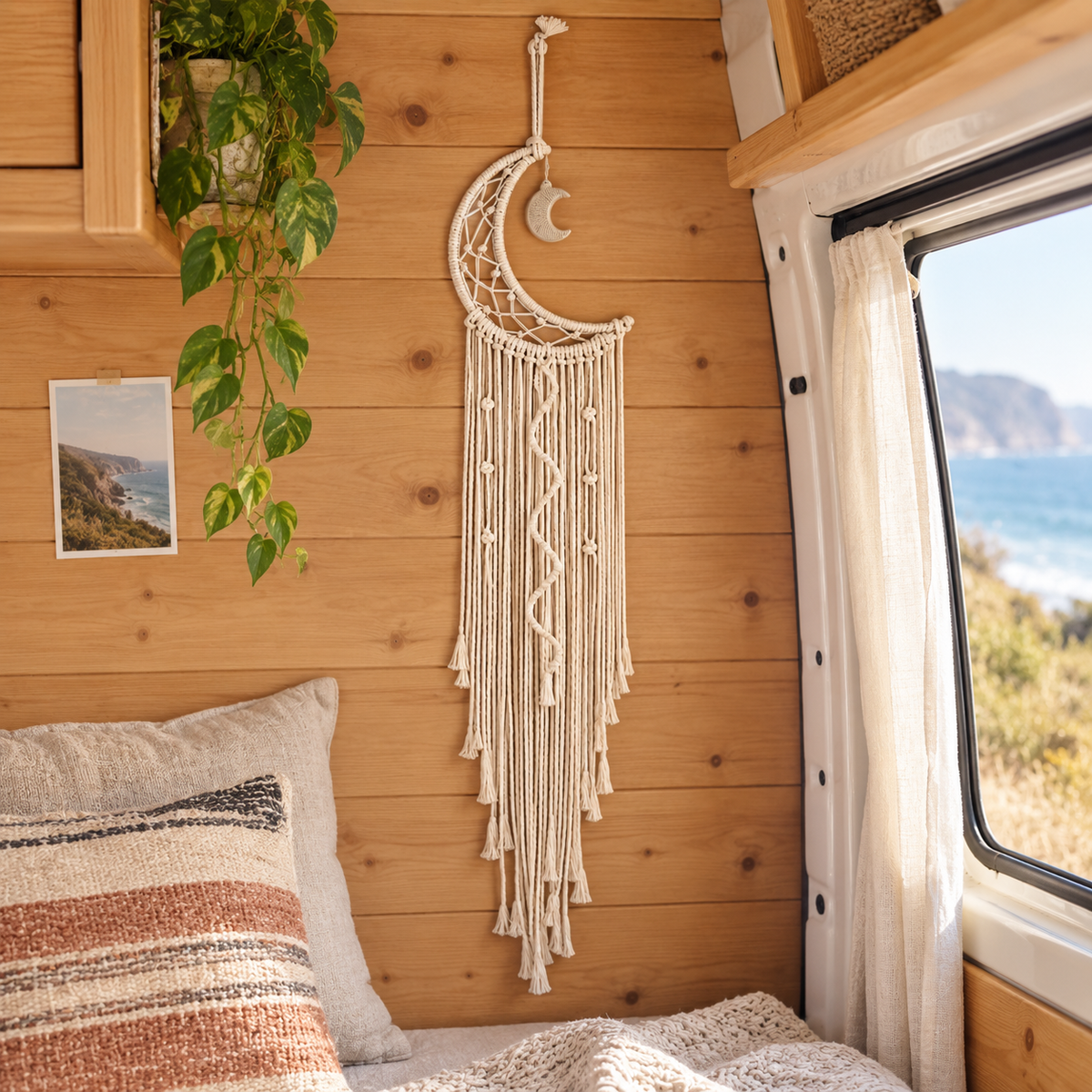 Moon Macramé LED Wall Hanging in a van-life setting