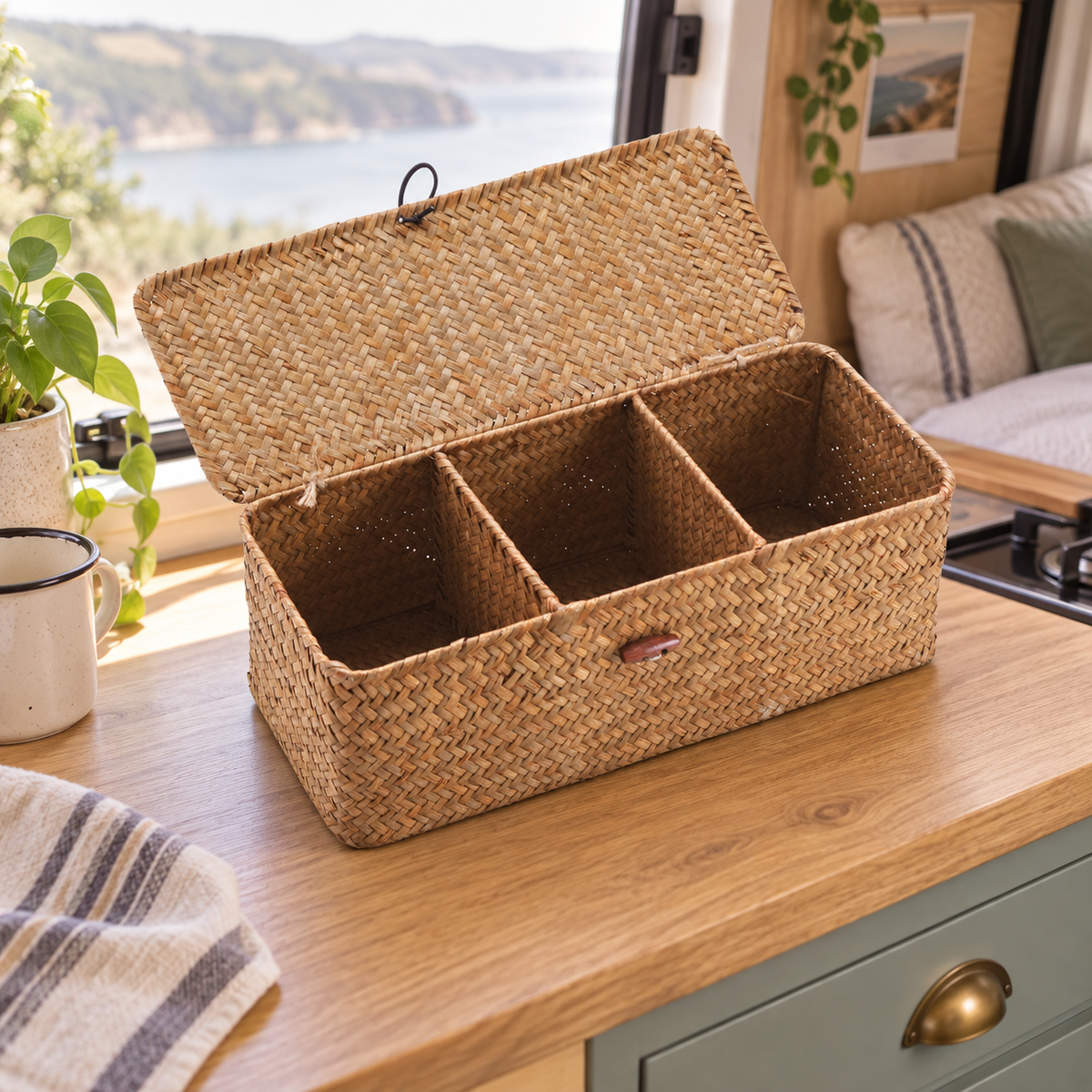 Three-Section Seagrass Storage Box in a van-life setting