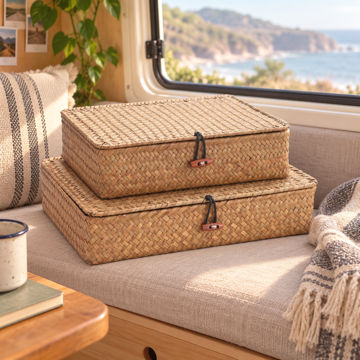 Lidded Seagrass Basket Duo in a van-life setting