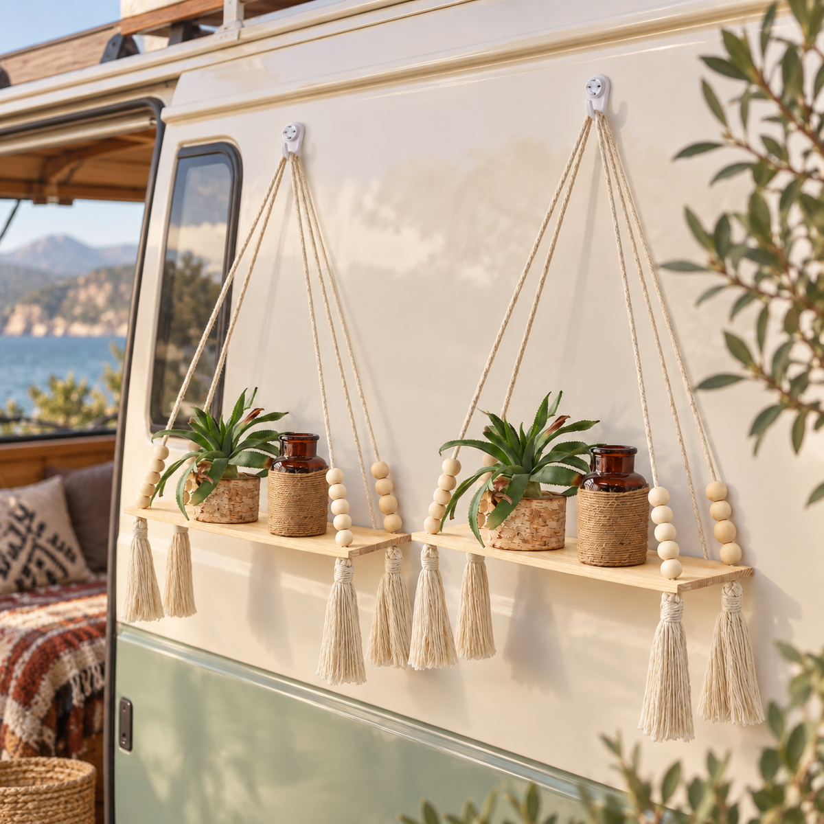 Macramé Hanging Shelf Pair in a van-life setting