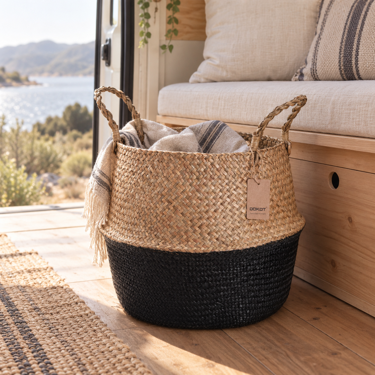 Black Seagrass Belly Basket in a van-life setting
