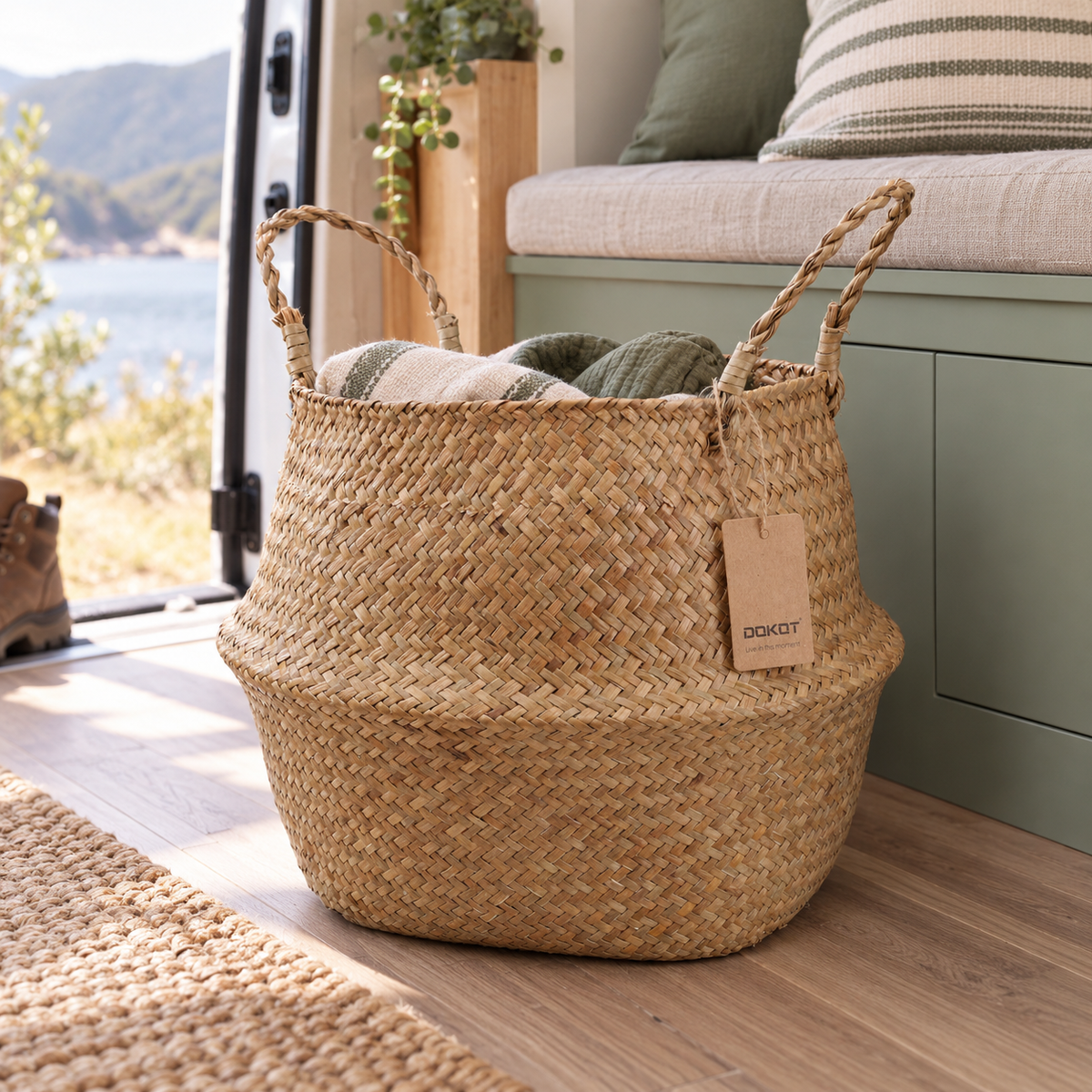 Natural Seagrass Belly Basket in a van-life setting