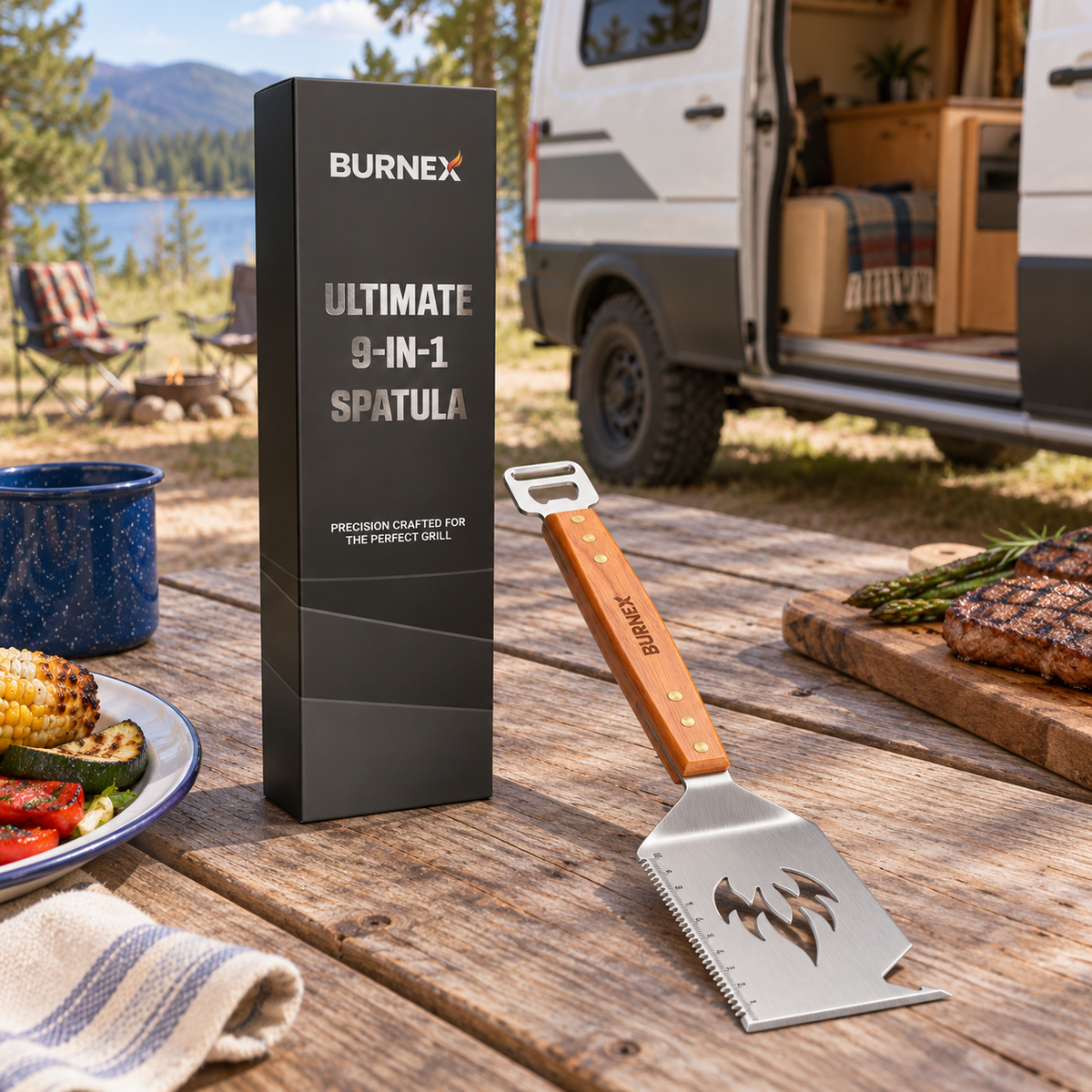 Nine-in-One BBQ Spatula in a van-life setting