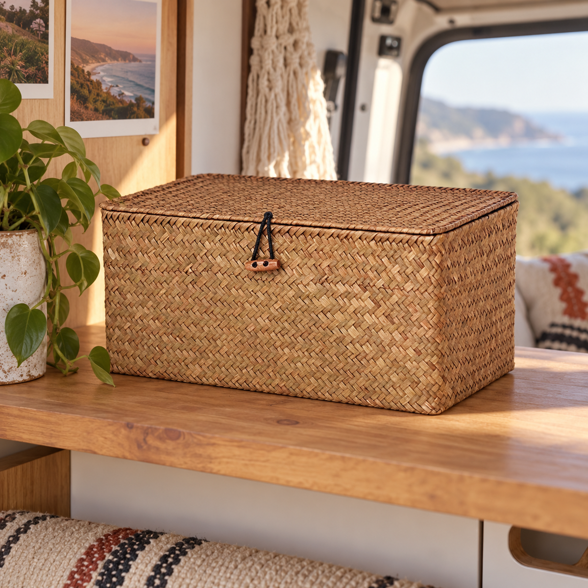 Medium Lidded Seagrass Basket in a van-life setting