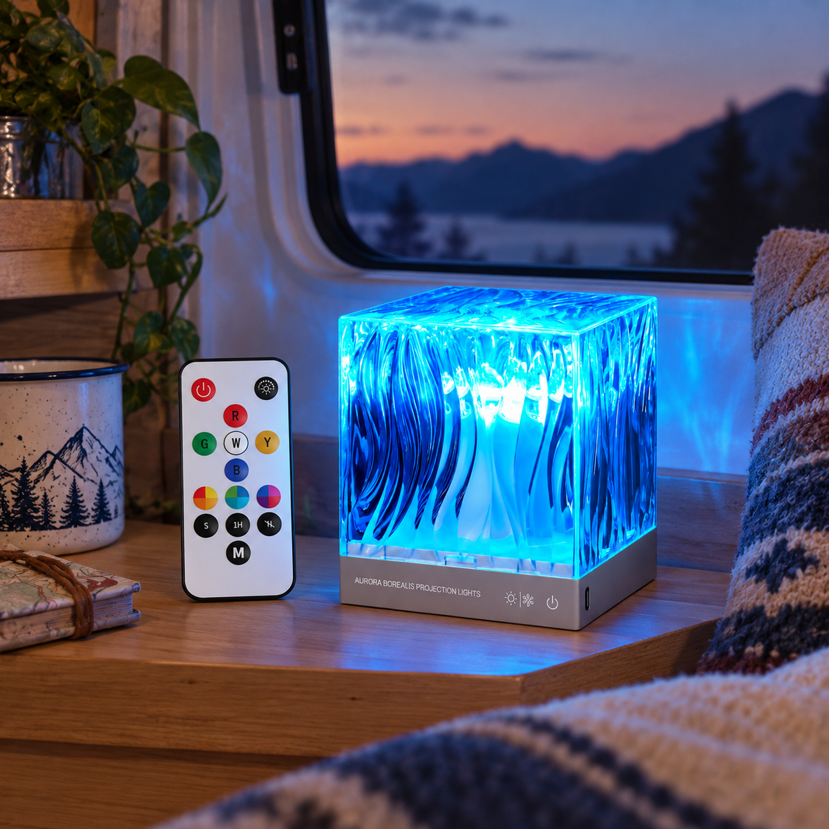 Northern Lights Aurora Projector in a van-life setting