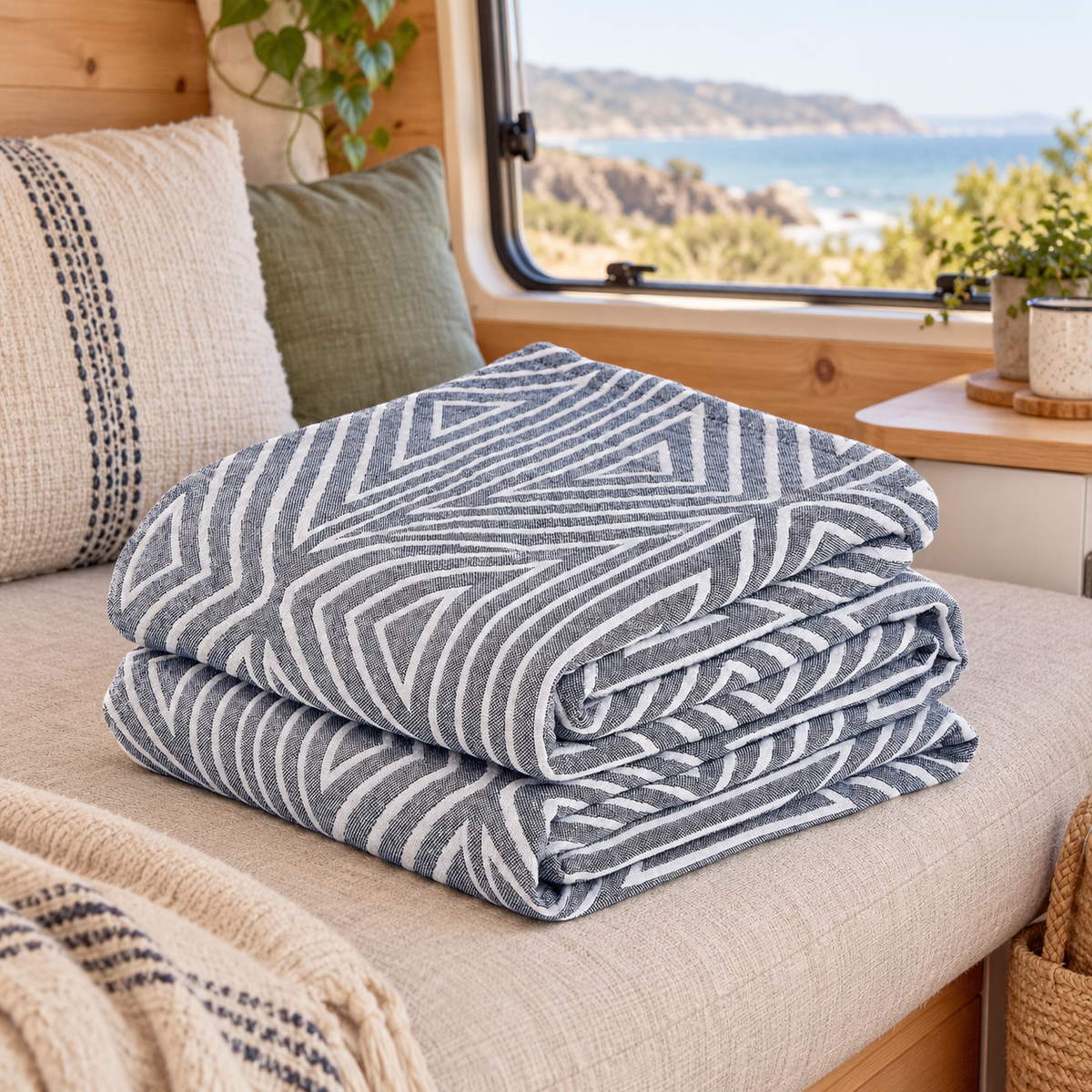 Double-Sided Cotton Muslin Throw in a van-life setting