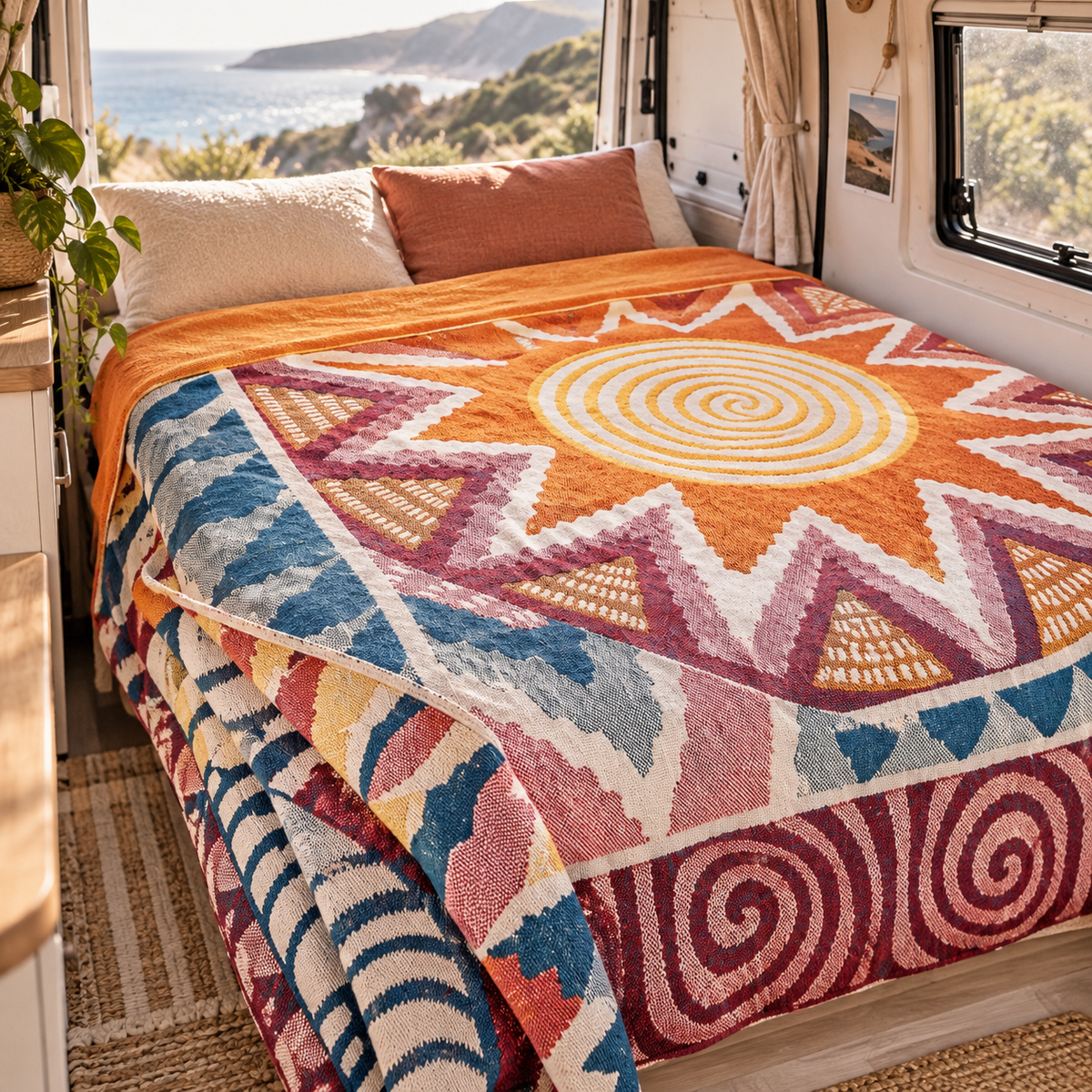 King-Size Reversible Sun Bedspread in a van-life setting