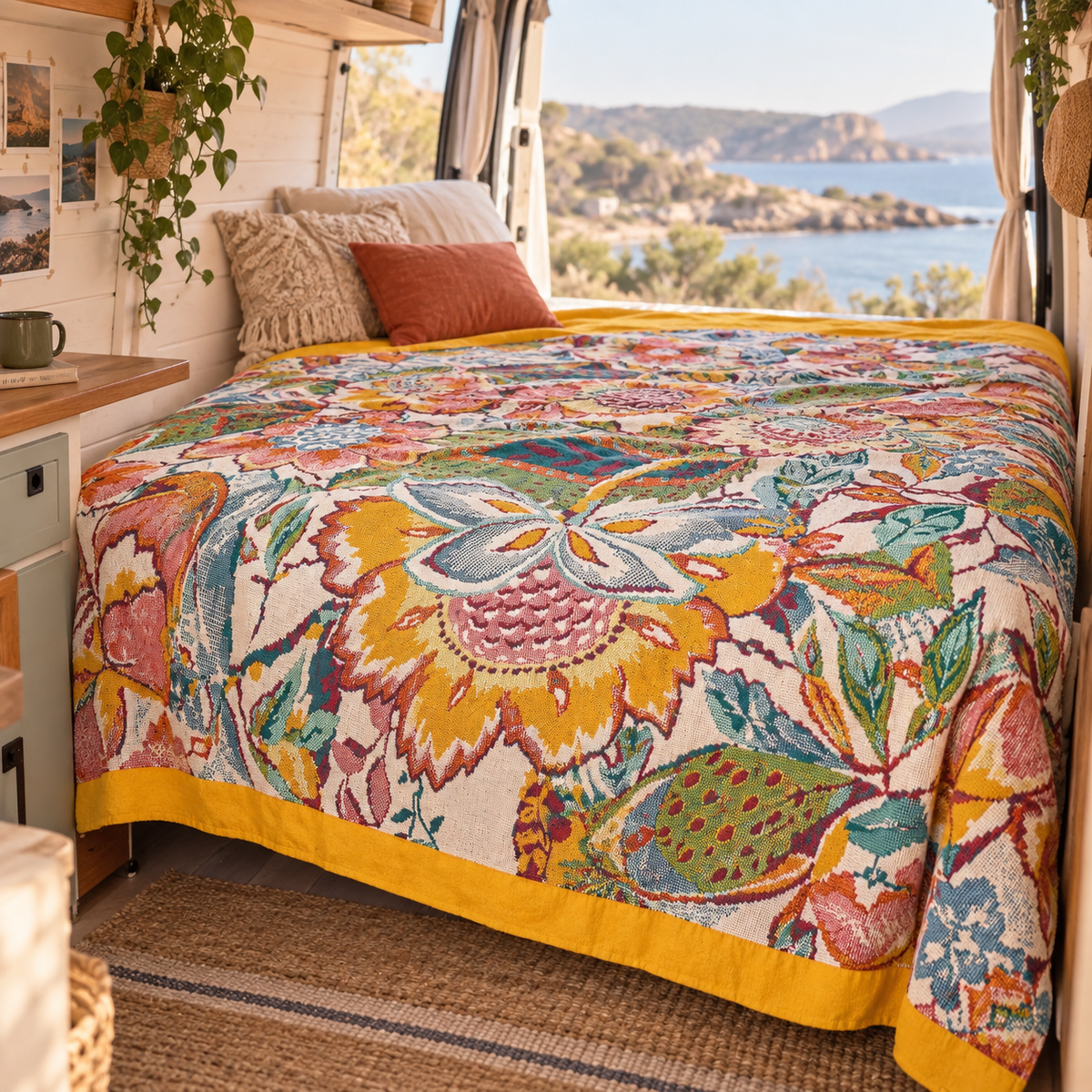 Double Reversible Cotton Bedspread in a van-life setting