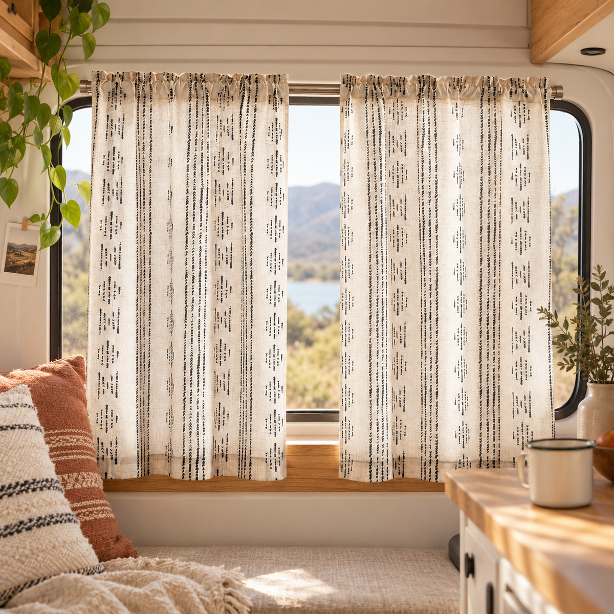 Boho Café Curtain Pair in a van-life setting