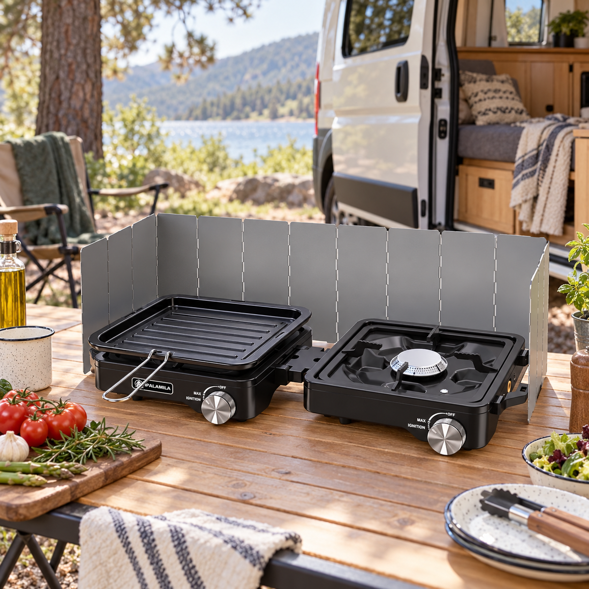 7000W Twin-Burner Camping Stove in a van-life setting