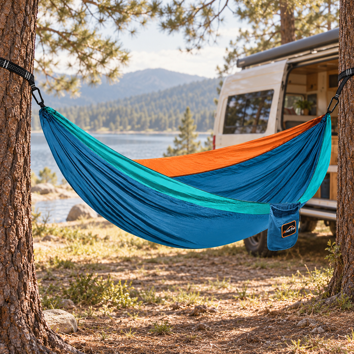 Nylon Camping Hammock with Straps in a van-life setting