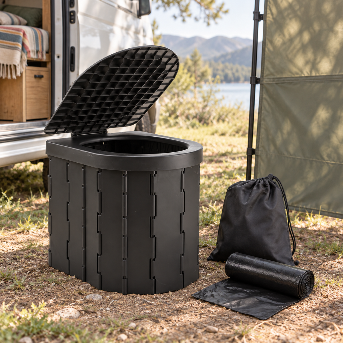 Folding Camping Toilet with Lid in a van-life setting