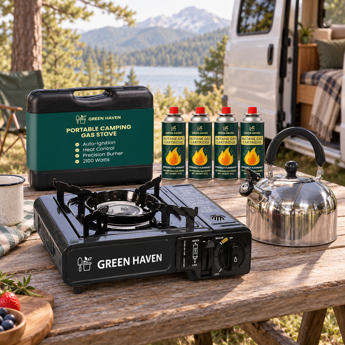 Camping Stove and Kettle Bundle in a van-life setting