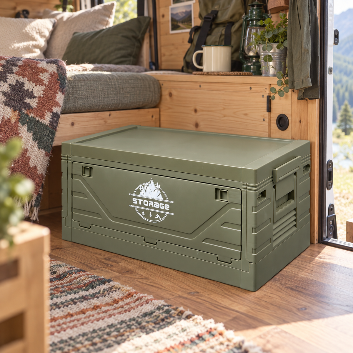 Folding Camping Storage Box in a van-life setting