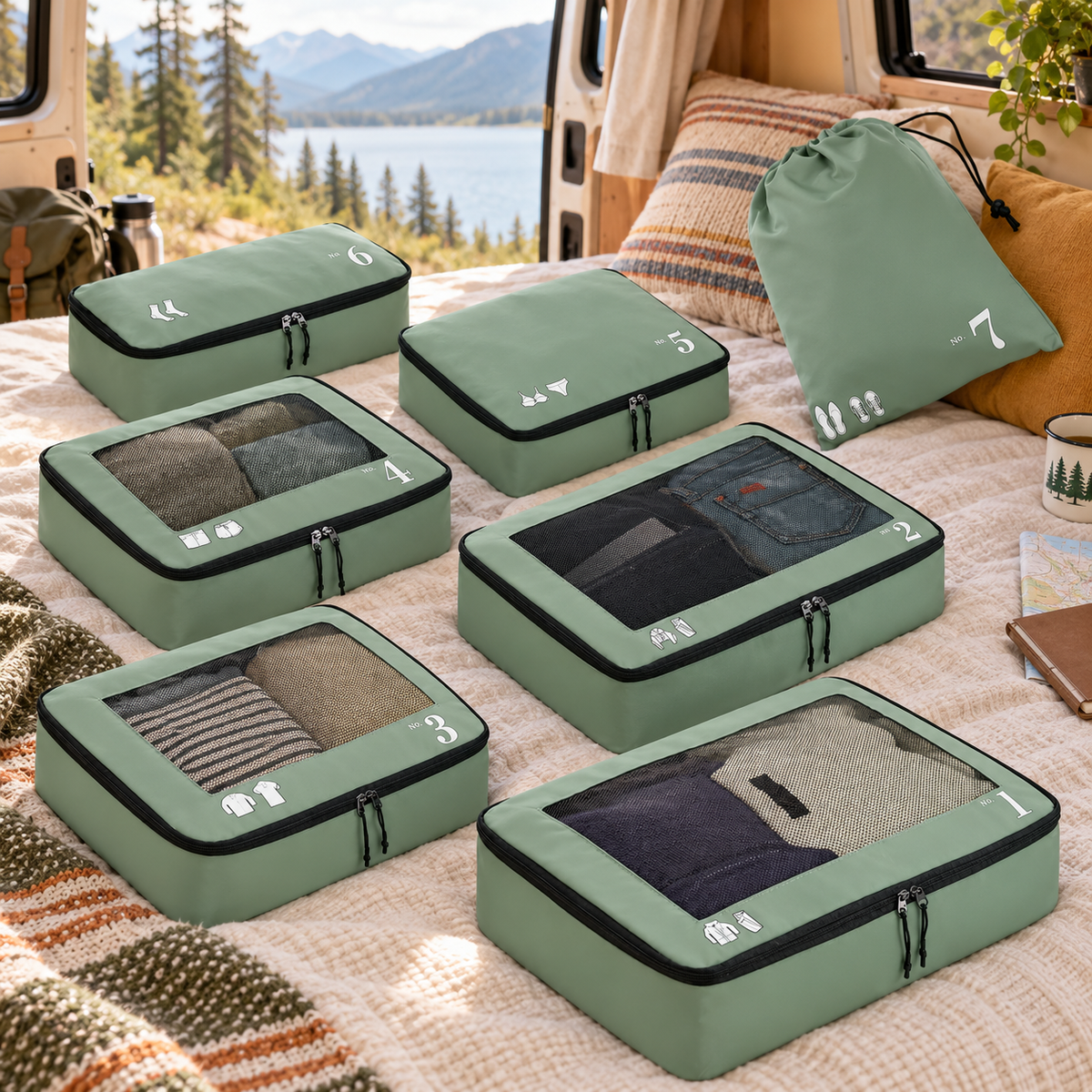 Green Seven-Piece Packing Cube Set in a van-life setting