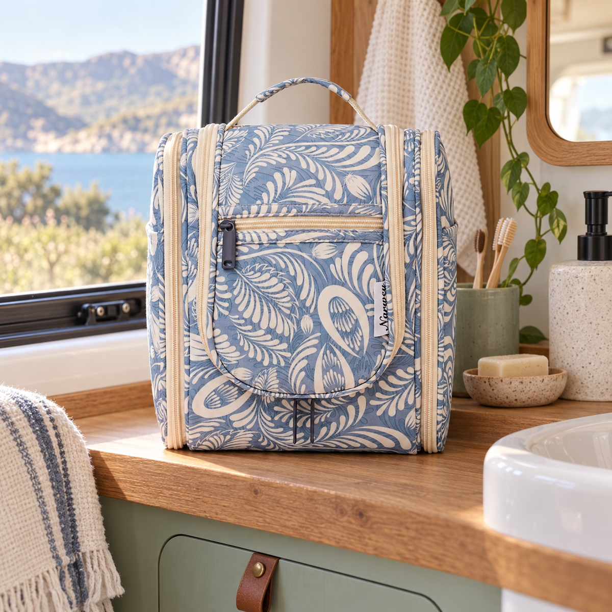 Hanging Travel Toiletry Organiser in a van-life setting