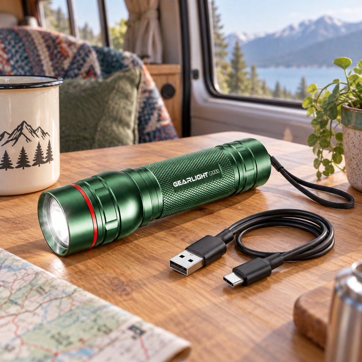 2000-Lumen Rechargeable LED Torch in a van-life setting