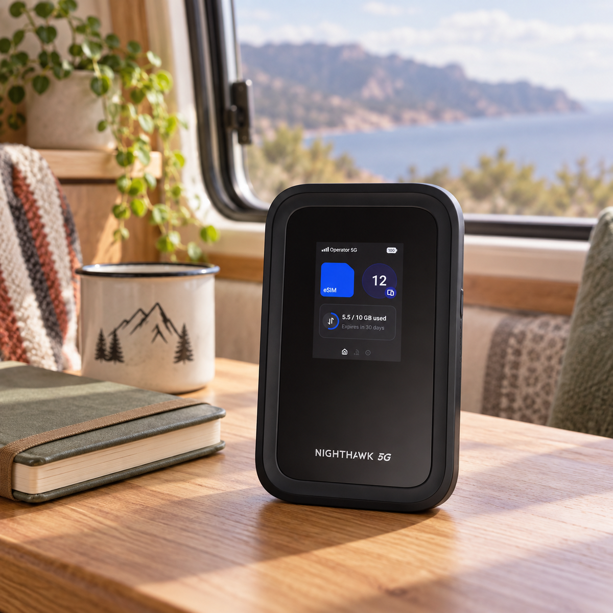 Nighthawk M7 5G WiFi Router in a van-life setting