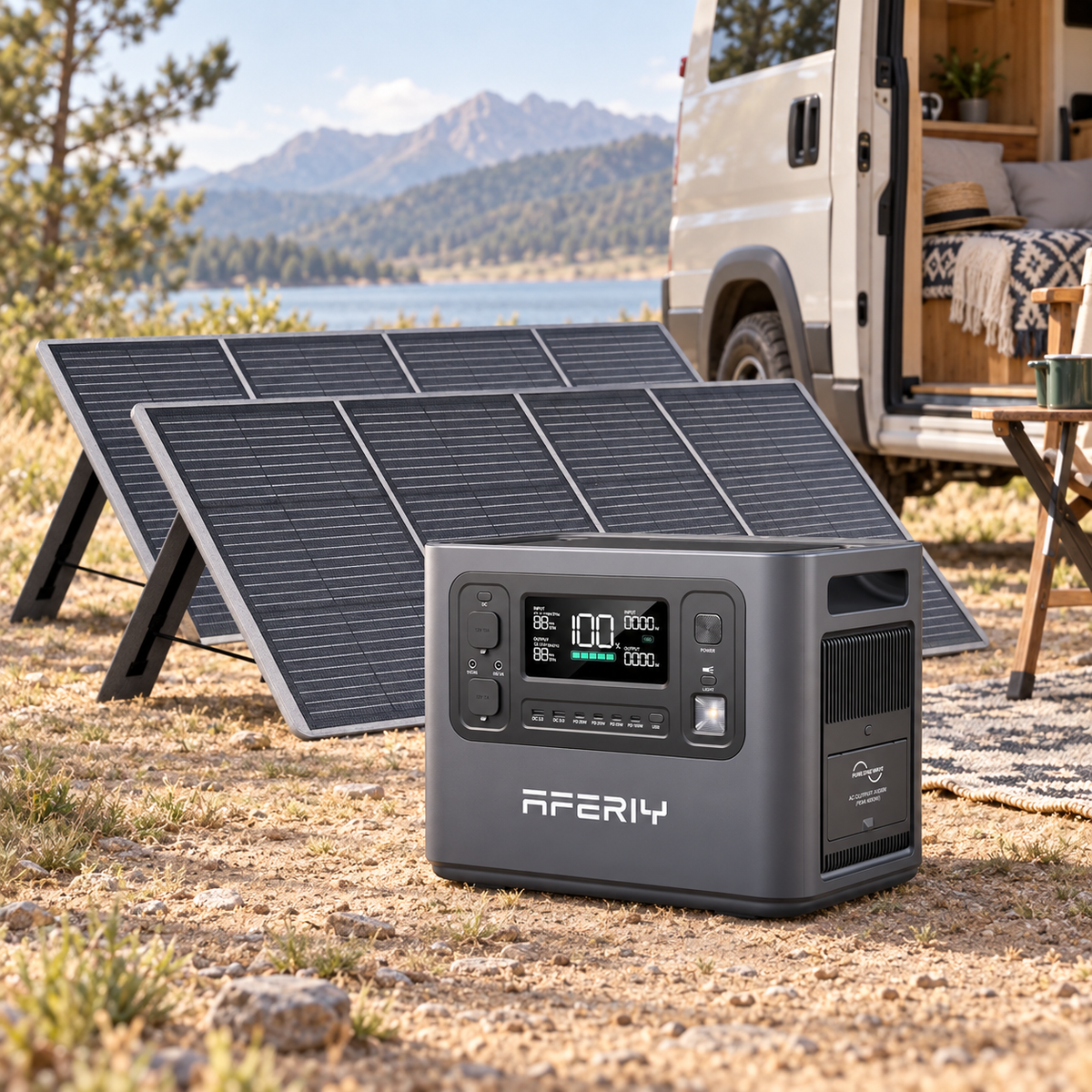 2400W Solar Power Station Bundle in a van-life setting
