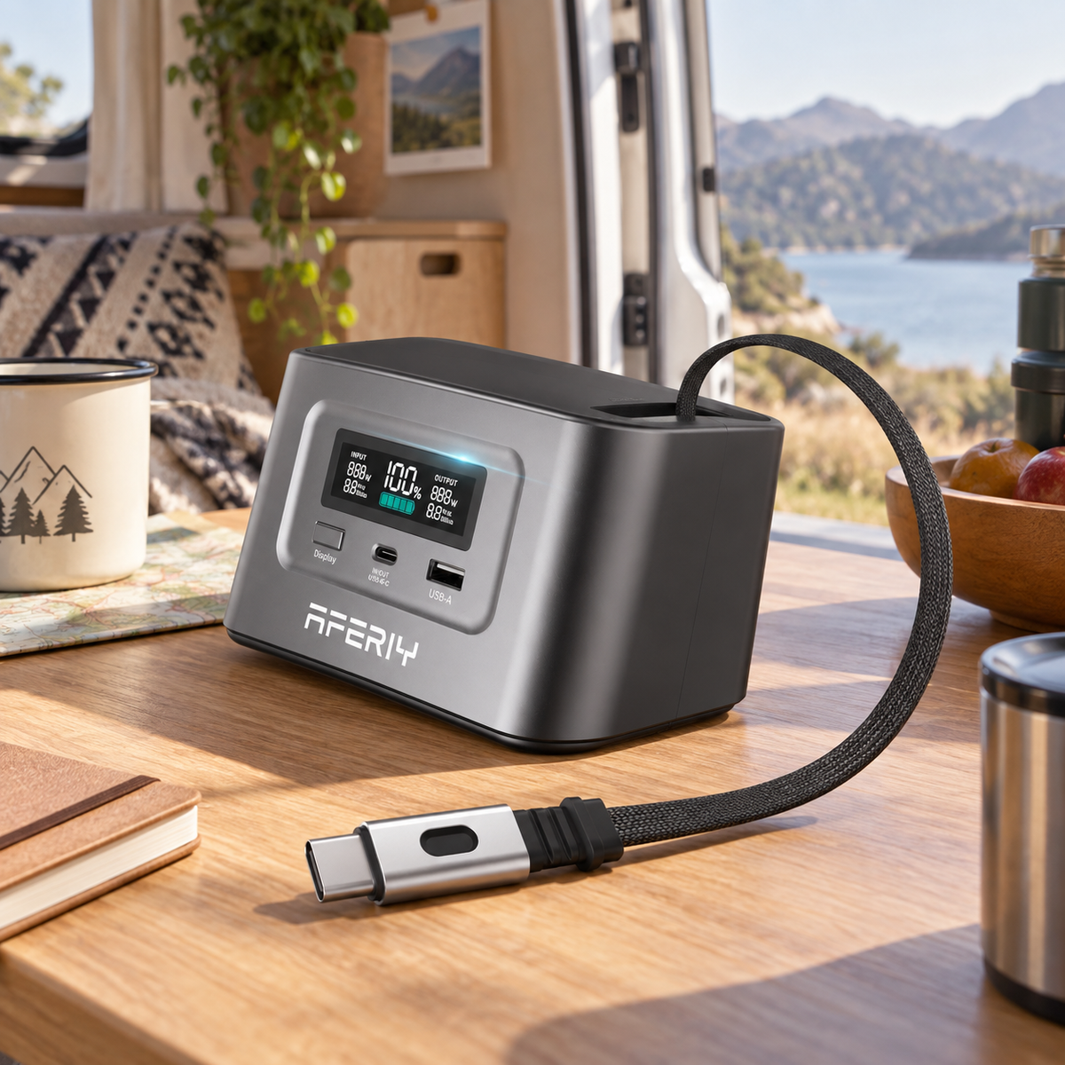 99.2Wh Portable Power Station in a van-life setting