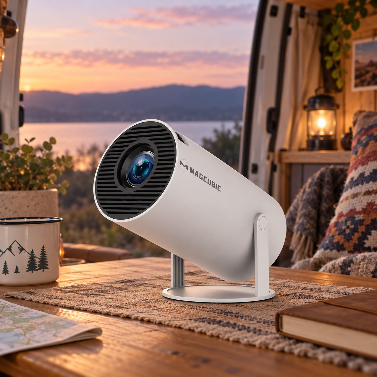 Rotating WiFi Mini Projector in a van-life setting