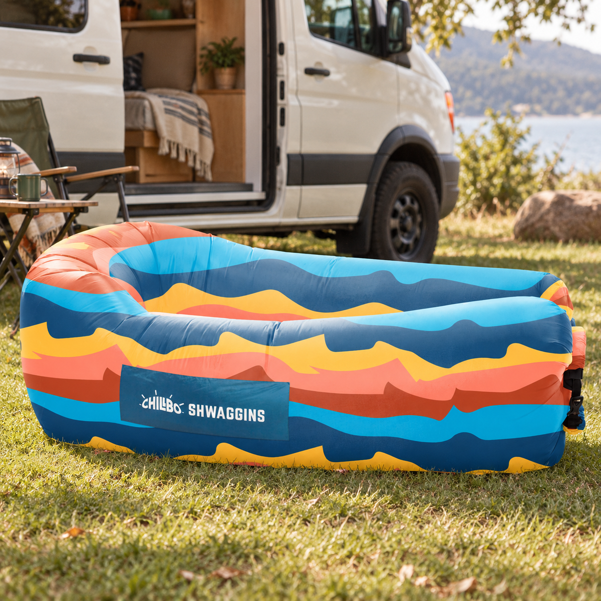 Shwaggins Inflatable Camping Lounger in a van-life setting