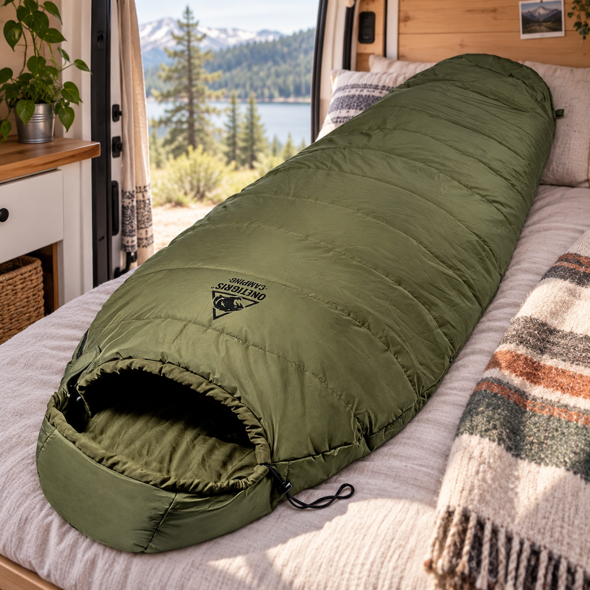 Bushcrafter Mummy Sleeping Bag in a van-life setting