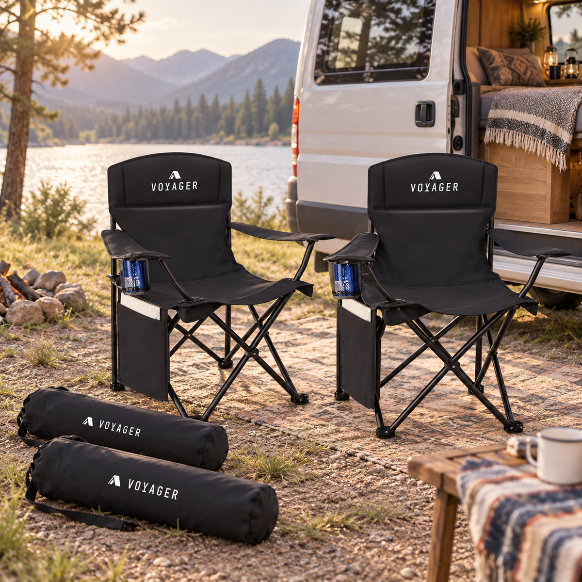 Black Camping Chair Twin Pack in a van-life setting