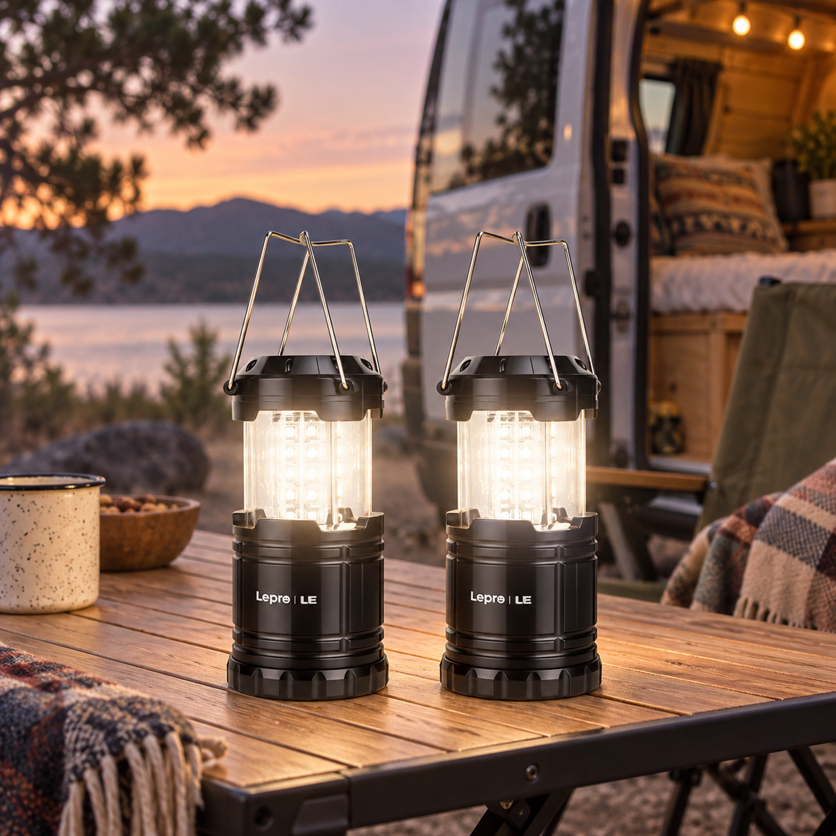 Lepro Collapsible Lantern Twin Pack in a van-life setting
